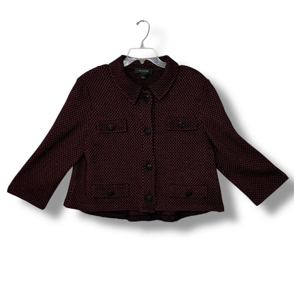 St. John Knit Jacket Women’s Size 16 Red Black Sparkle Quarter Sleeve